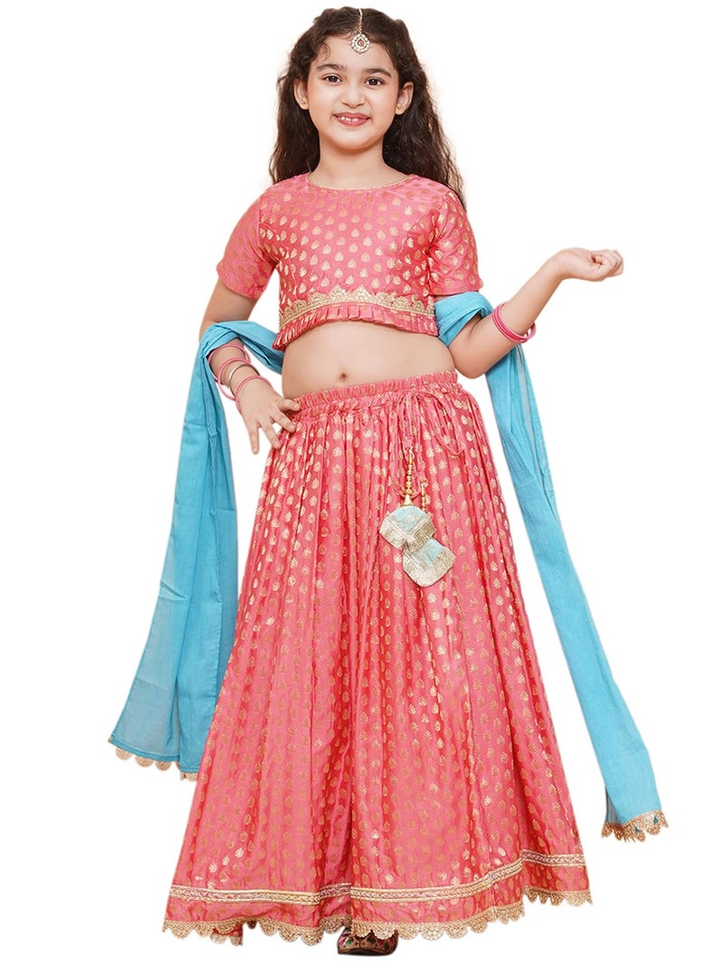 AJ DEZINES Kids Ethnic Wear Poly Chanderi Motif Printed Peach Readymade Lehenga Choli For Girls With Dupatta (G-LH-17-PEACH-24), 4-5 Years - Image 1