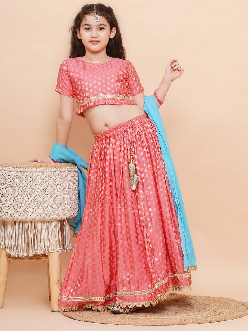 AJ DEZINES Kids Ethnic Wear Poly Chanderi Motif Printed Peach Readymade Lehenga Choli For Girls With Dupatta (G-LH-17-PEACH-24), 4-5 Years - Image 2