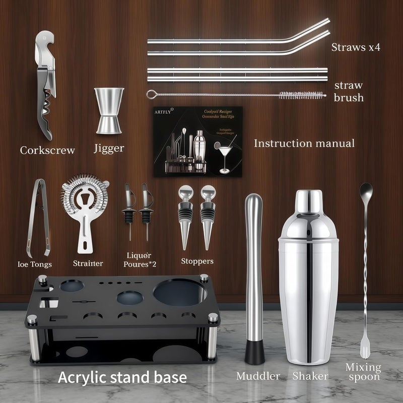 ARTFLY 18-Piece Professional Cocktail Shaker Set and Bartender Kit with Stand, Stainless Steel Bar Tools Gift Set with Muddler, Jigger, Mixing Spoon for Home Bar and Mixology - Image 2