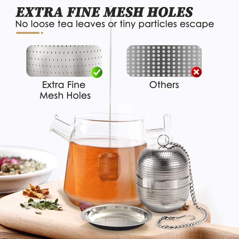Yoassi 2 Pack Tea Infusers for Loose Tea, Extra Fine Mesh 18/8 Stainless Steel Tea Strainers, Loose Leaf Tea Steeper Tea Ball Tea Diffuser Tea Holder with Extended Chain Hook and Drip Tray - Image 3