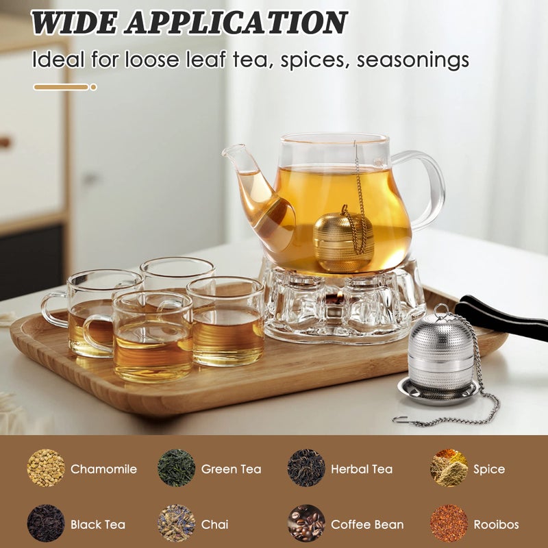 Yoassi 2 Pack Tea Infusers for Loose Tea, Extra Fine Mesh 18/8 Stainless Steel Tea Strainers, Loose Leaf Tea Steeper Tea Ball Tea Diffuser Tea Holder with Extended Chain Hook and Drip Tray - Image 5