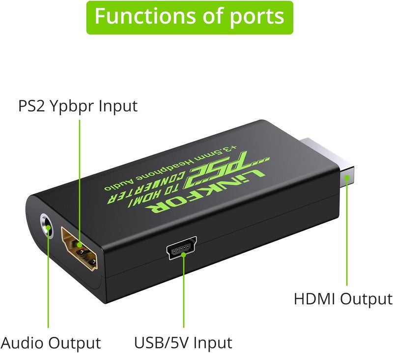 LiNKFOR PS2 to HDMI Converter for Sony Playstation 2 PS2 to HDMI Adapter with 3.5mm Headphone Audio Jack for HDTV HDMI Monitor, Black - Image 5