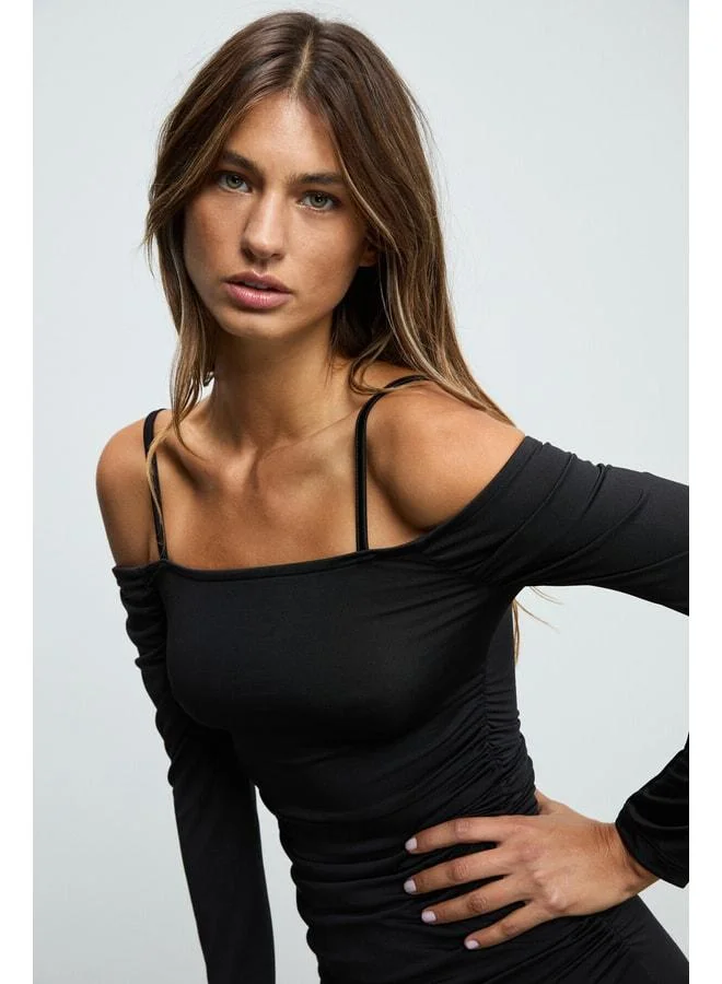 Grimelange  GRESSE Women's Open-Shoulder Ruffle-Detail Flexible Fabric Body-Fitting Strappy Mini Black Dress. for Women | Best Price UAE