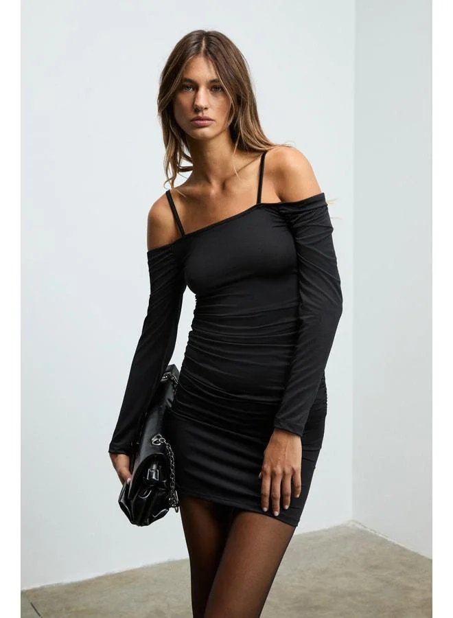 Grimelange GRESSE Women's Open-Shoulder Ruffle-Detail Flexible Fabric Body-Fitting Strappy Mini Black Dress.