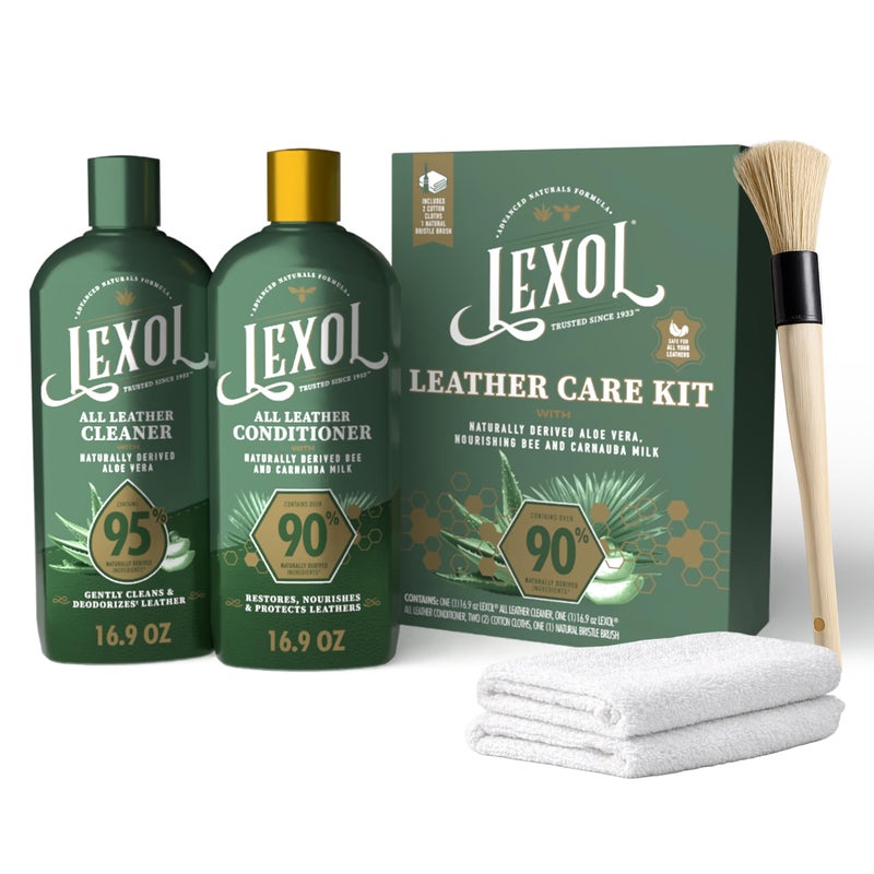 Lexol Advanced Naturals Leather Care Kit with All Leather Cleaner, Conditioner, 2 Cotton Cloths and Natural Bristle Brush, Great for Car Interiors, Furniture, Bags, Boots, Baseball Gloves, 5 Piece Kit - Image 1