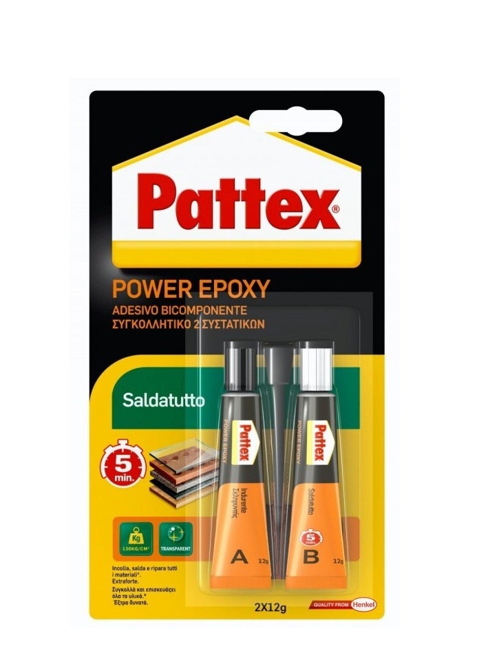 Pattex Power Epoxy is a transparent, two-component, versatile adhesive for repairing and filling a variety of materials, including metal, wood, and plastic. 130 kg/cm² bonding strength, water and chemical resistant. - Image 1