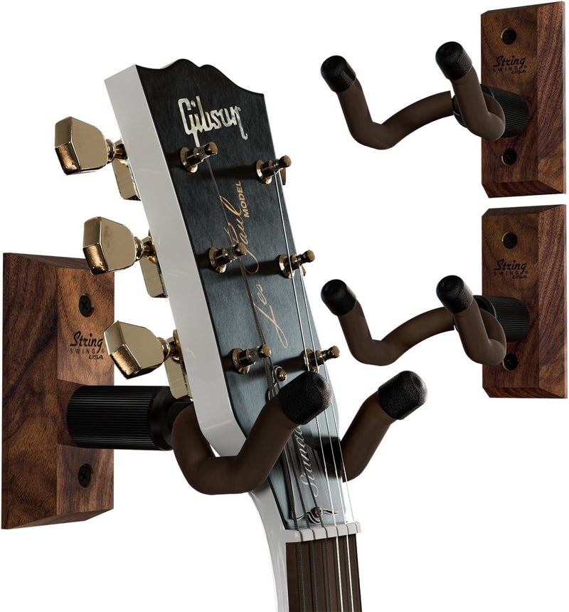 String Swing حامل جيتار حائطي (عبوة من 3 قطع)، علاقات جيتار، حامل جيتار للحائط، خطاف حامل جيتار للحائط، يناسب جميع أحجام الجيتارات، الصوتية، الكهربائية، الباس، خشب الجوز الأسود الصلب – صنع في الولايات المتحدة الأمريكية - Image 1