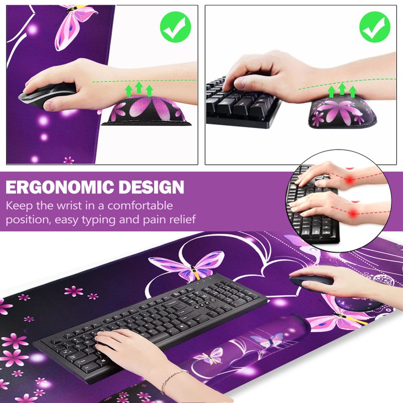 ARTSO Large Gaming Mouse Pad, Keyboard Wrist Rest Pad & Wrist Support Mousepad Set, Stitched Edge, Extended, Non-Slip Base, Memory Foam Desk Mat for Office, Home, Purple Heart Butterfly - Image 3