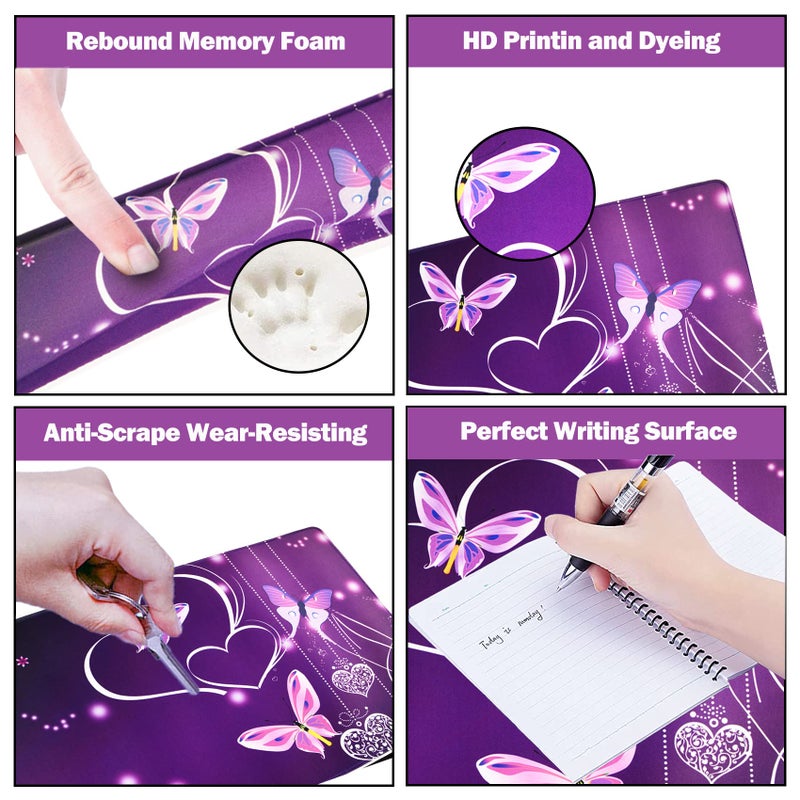 ARTSO Large Gaming Mouse Pad, Keyboard Wrist Rest Pad & Wrist Support Mousepad Set, Stitched Edge, Extended, Non-Slip Base, Memory Foam Desk Mat for Office, Home, Purple Heart Butterfly - Image 4