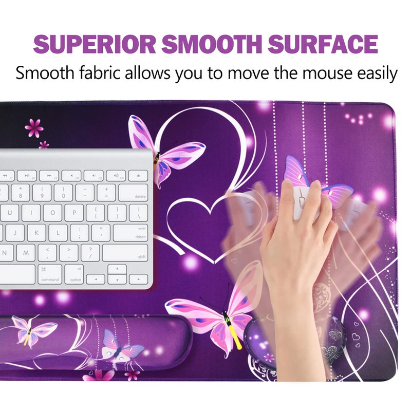 ARTSO Large Gaming Mouse Pad, Keyboard Wrist Rest Pad & Wrist Support Mousepad Set, Stitched Edge, Extended, Non-Slip Base, Memory Foam Desk Mat for Office, Home, Purple Heart Butterfly - Image 2