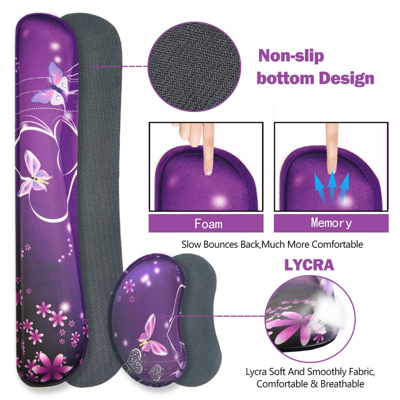 ARTSO Large Gaming Mouse Pad, Keyboard Wrist Rest Pad & Wrist Support Mousepad Set, Stitched Edge, Extended, Non-Slip Base, Memory Foam Desk Mat for Office, Home, Purple Heart Butterfly - Image 5