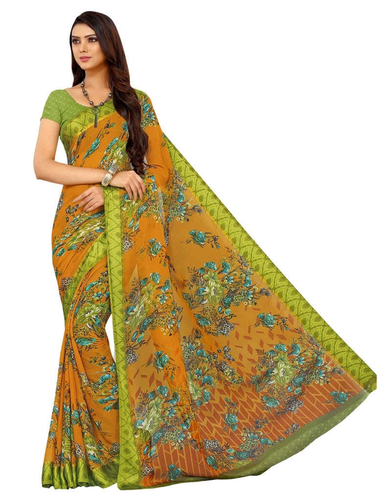 SIRIL Women's Chiffon Printed Saree With Unstitched Blouse Piece (1026S406_Yellow & Green) - Image 5