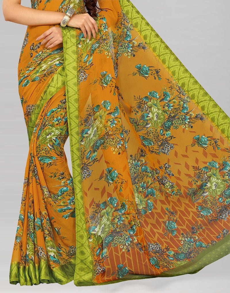 SIRIL Women's Chiffon Printed Saree With Unstitched Blouse Piece (1026S406_Yellow & Green) - Image 2