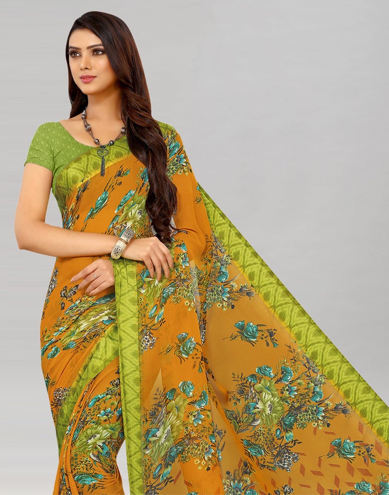 SIRIL Women's Chiffon Printed Saree With Unstitched Blouse Piece (1026S406_Yellow & Green) - Image 3