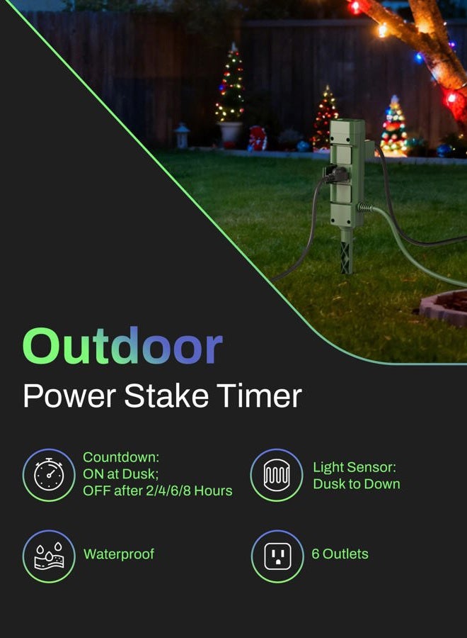 BN-LINK Outdoor Power Stake Timer, 100FT Wireless Remote Control, Dusk to Dawn Sensor for Outdoor Lights, 6 Grounded Outlets, 6ft Extension Cord, 1875W/15A,Christmas Decorations, ETL Listed - Image 2