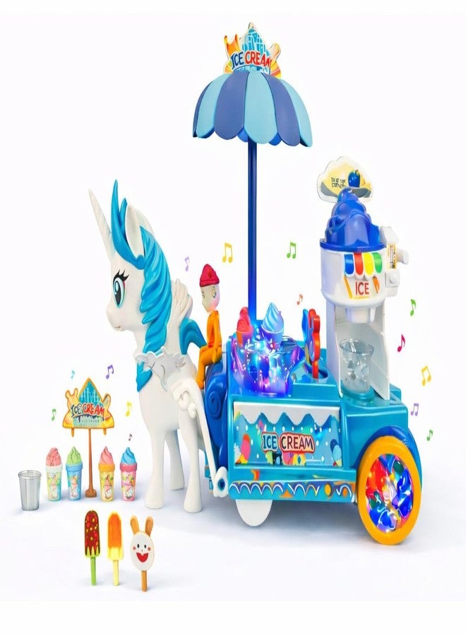 براند كونكور لعبة عربة آيس كريم يونيكورن من براند كونكر مع أضواء وموسيقى وحركة اصطدام | عربة تسوق حلوى للعب التخيلي | لعبة موسيقية متحركة | متعة تعليمية للأطفال - بنين وبنات (شاحنة آيس كريم على شكل مهر) - Image 1