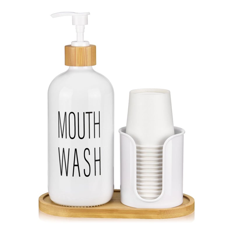 Glass Mouthwash Dispenser with Cup Holder  16 oz Pump Bottle White Mouthwash Container for Bathroom  14 Mouthwash CupsBamboo Tray and Funnel Included