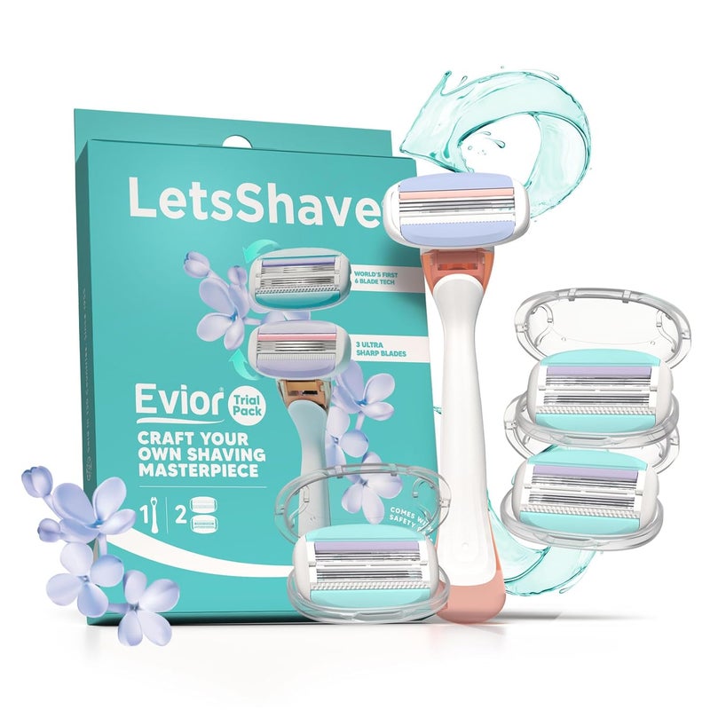 Lets Shave Evior Trial Pack Shaving Razor Value Set For Women, 4 Blades + 1 Handle, Open Flow Cartridge, Dual Moisture Bar & Micro Comb Guard Bar, Razor For Women Underarms, Legs & Bikini Area - Image 1