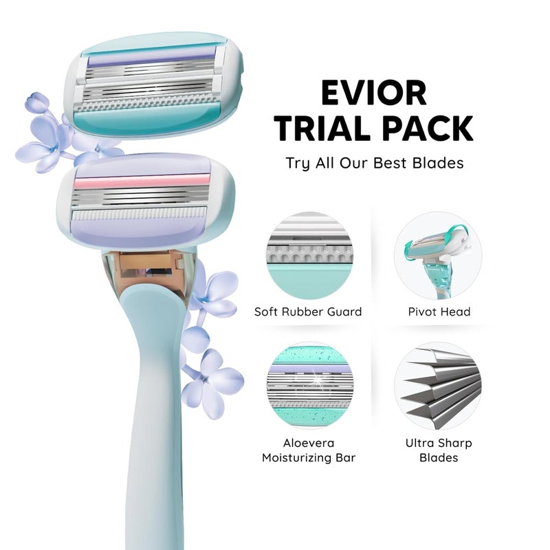 Lets Shave Evior Trial Pack Shaving Razor Value Set For Women, 4 Blades + 1 Handle, Open Flow Cartridge, Dual Moisture Bar & Micro Comb Guard Bar, Razor For Women Underarms, Legs & Bikini Area - Image 2