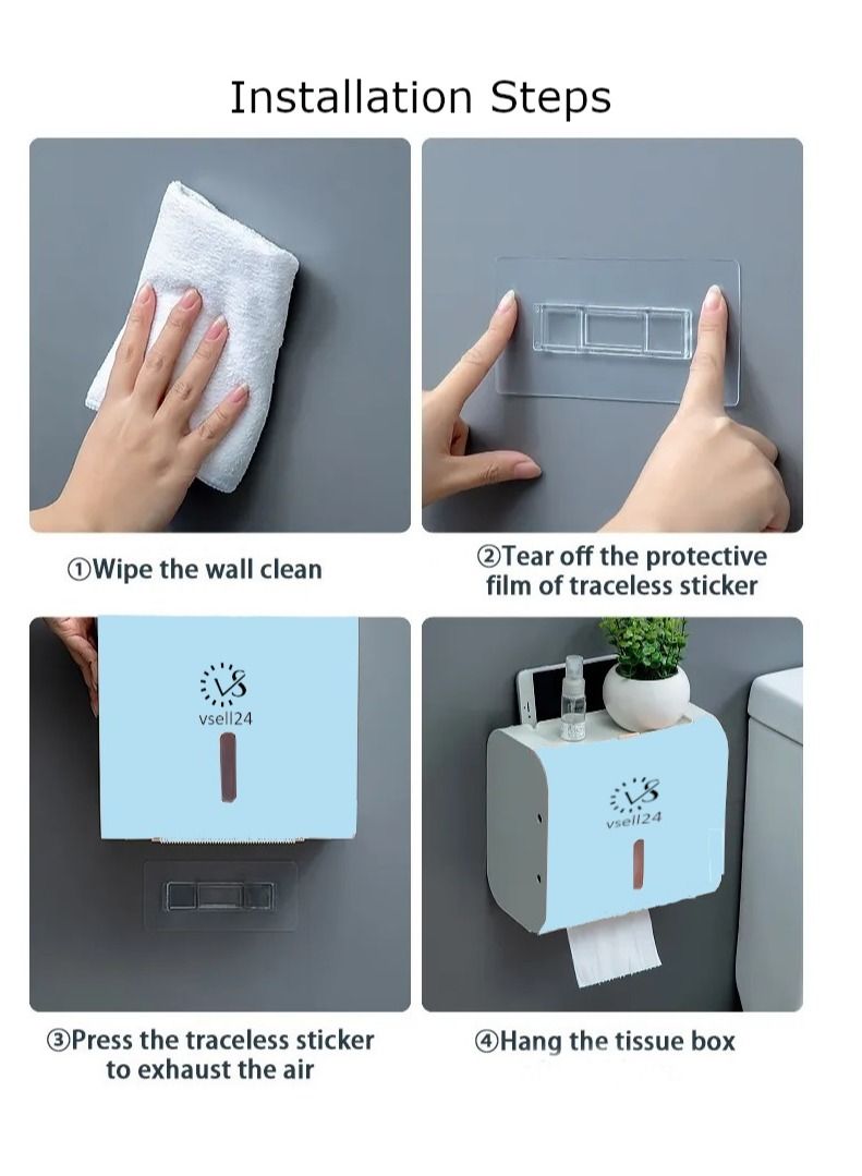 vsell24 Wall Mounted Self Adhesive Waterproof Tissue Paper Dispenser Toilet Paper Napkin Holder Storage Box Blue  - Image 3
