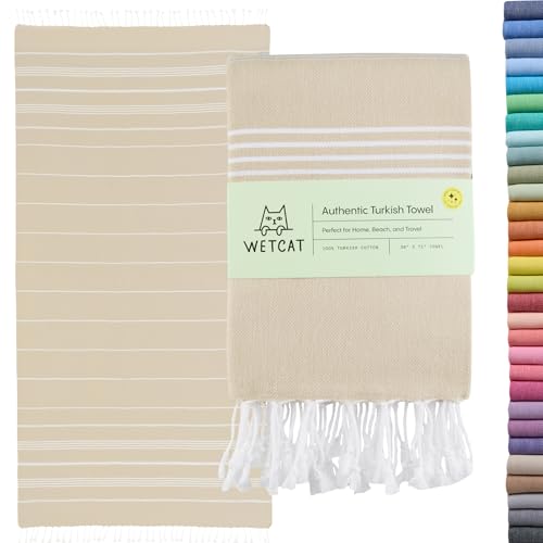 WETCAT Turkish Beach Towel Oversized (38"x71") 100% Turkish Cotton, Made in Turkey - Sand Free, Extra Large, Ultra Soft, Quick Drying, Compact & Lightweight for Travel - Beige - Image 1