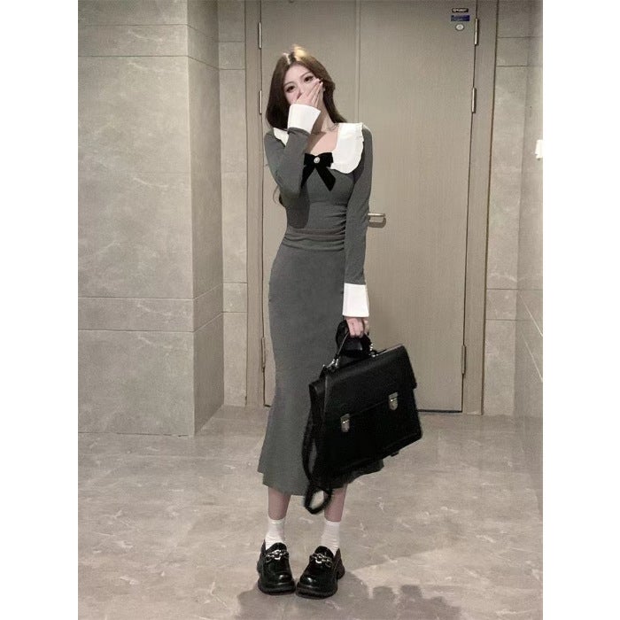 French Long-sleeved Grey Doll Collar dress Childrens Slim-fit Elegant Design Sense Niche Hip Long Dress Early Spring Grey * 912 [with bow]]