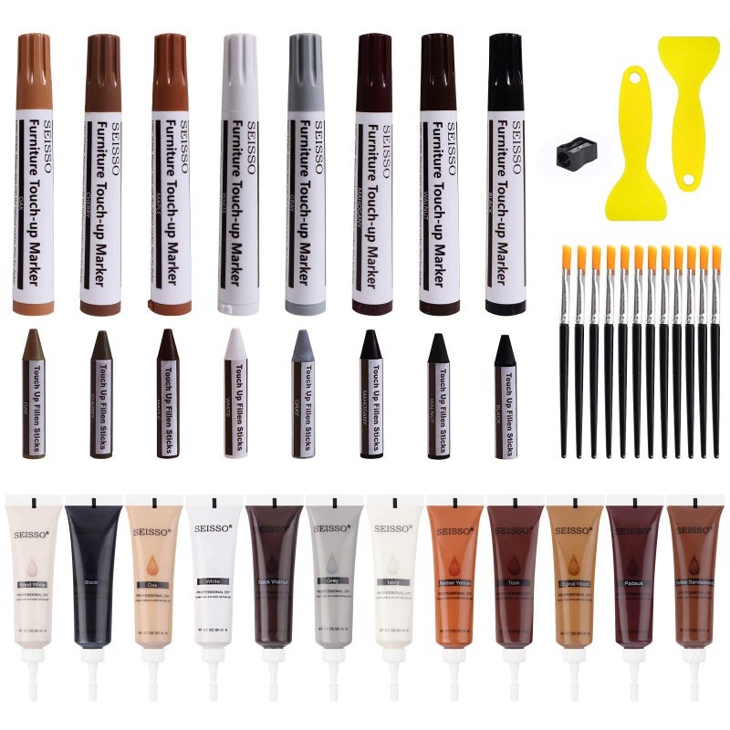 SEISSO Wood Furniture Repair Kit - Set of 42 Hardwood Laminate Vinyl Floor Repair Kit Wood Fillers, Markers and Wax Sticks - Used for Cover Ups Scratches, Stains, Holes for Table, Door, Cabinet - Image 1
