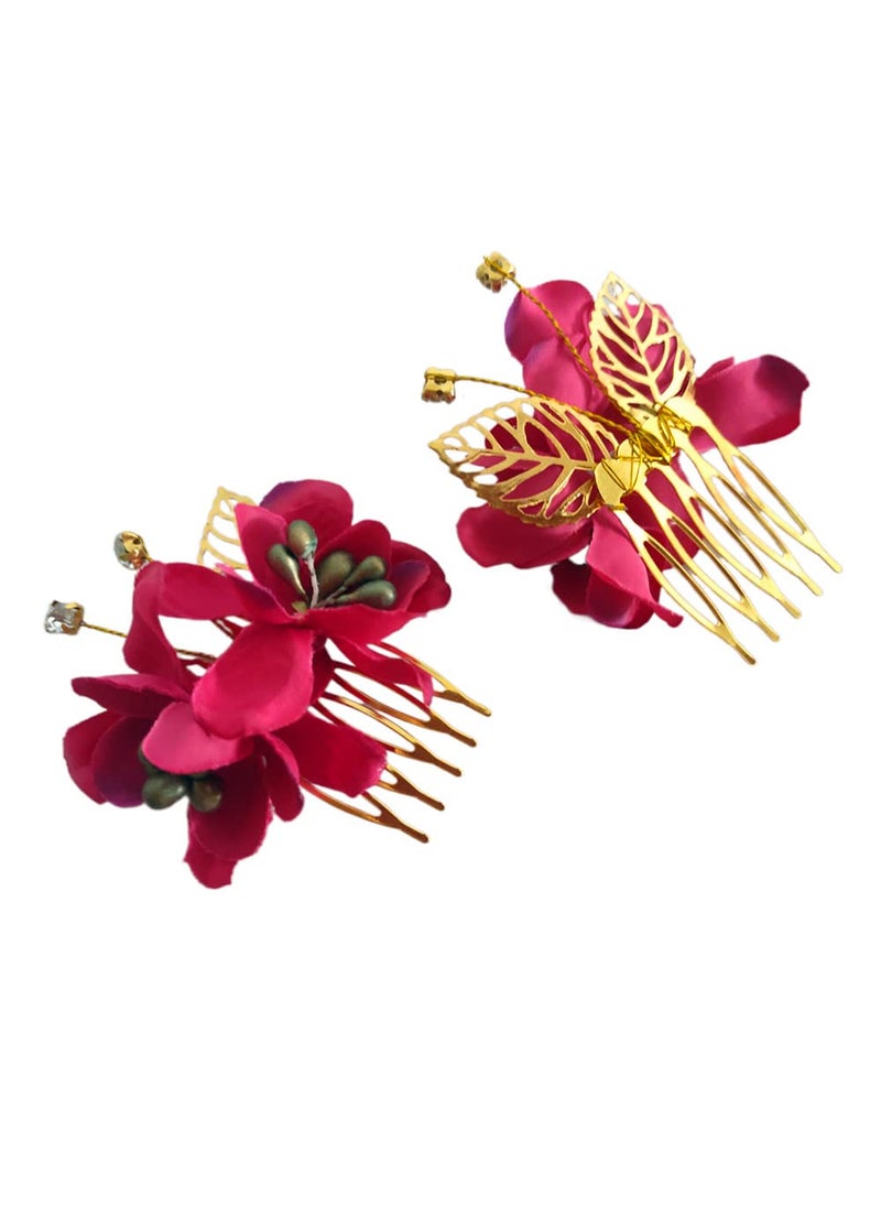Honkenda Hawaii Wedding Bridal Headpiece Hair Side Combs Red Artificial Rose Flower Hairclip with Teeth Floral Hair Bows Pins Barrettes for Women Holiday Party 2 Pack 
