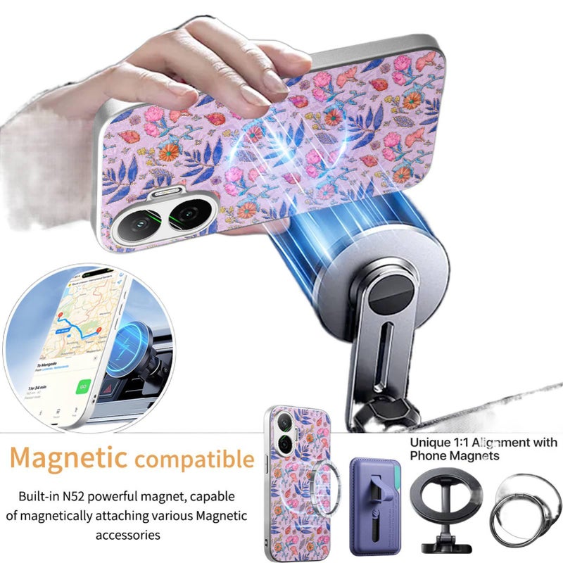 Leather Texture MagSafe Case for Redmi Note 15 with Card Holder and Drop Protection plus Shockproof plus Strong Magnetic plus Floral Pattern in Pink - Image 4