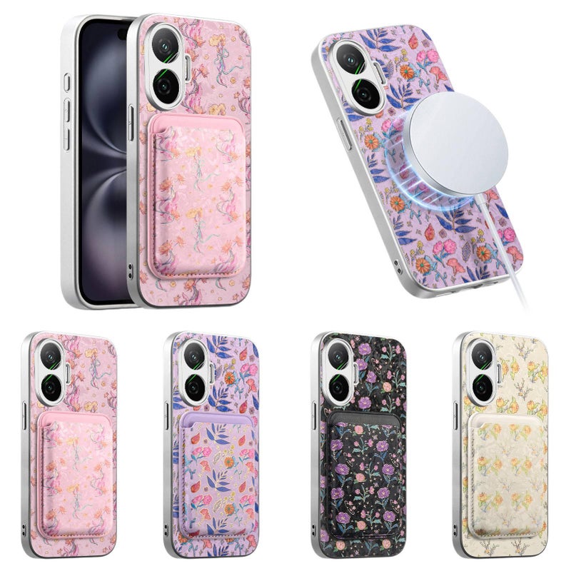 Leather Texture MagSafe Case for Redmi Note 15 with Card Holder and Drop Protection plus Shockproof plus Strong Magnetic plus Floral Pattern in Pink - Image 2