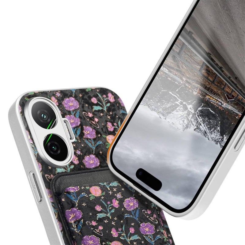 Leather Texture MagSafe Case for Redmi Note 15 with Card Holder and Drop Protection plus Shockproof plus Strong Magnetic plus Floral Pattern in Pink - Image 5