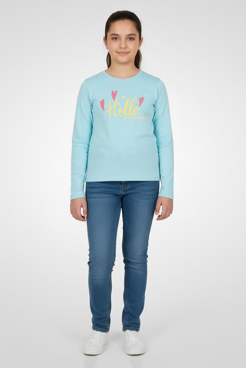 Hamleys Kids Girl Crew Neck Long Sleeve Graphic Print T-Shirt, Turquoise - Image 1