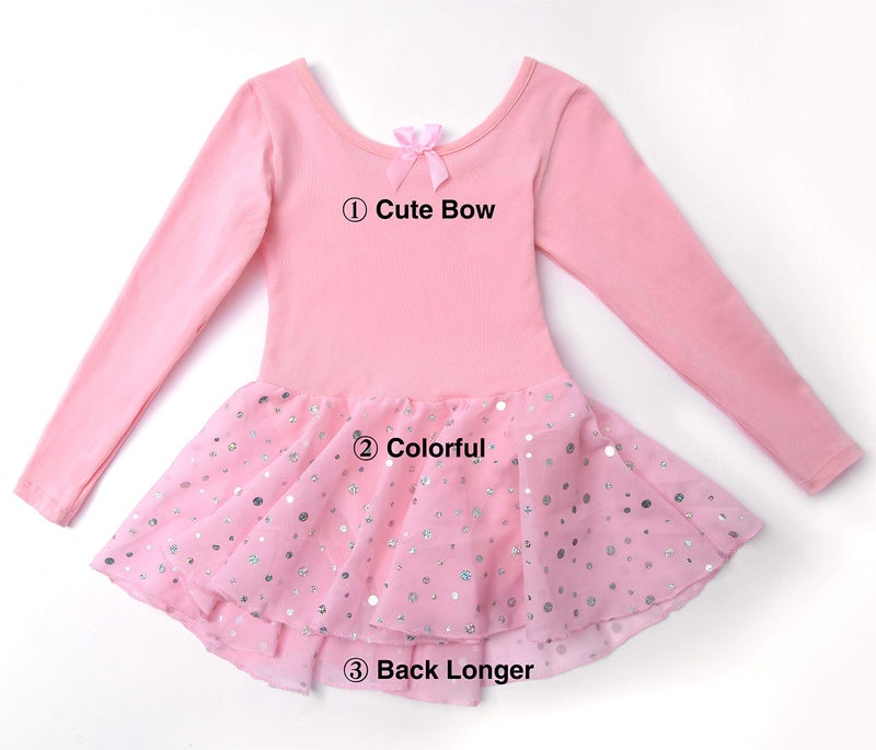 DANSHOW Girls Ballet Leotard Kids Long Sleeve Dance Leotard Dress with Glitter Tutu Skirt(4042-M-08) - Image 2