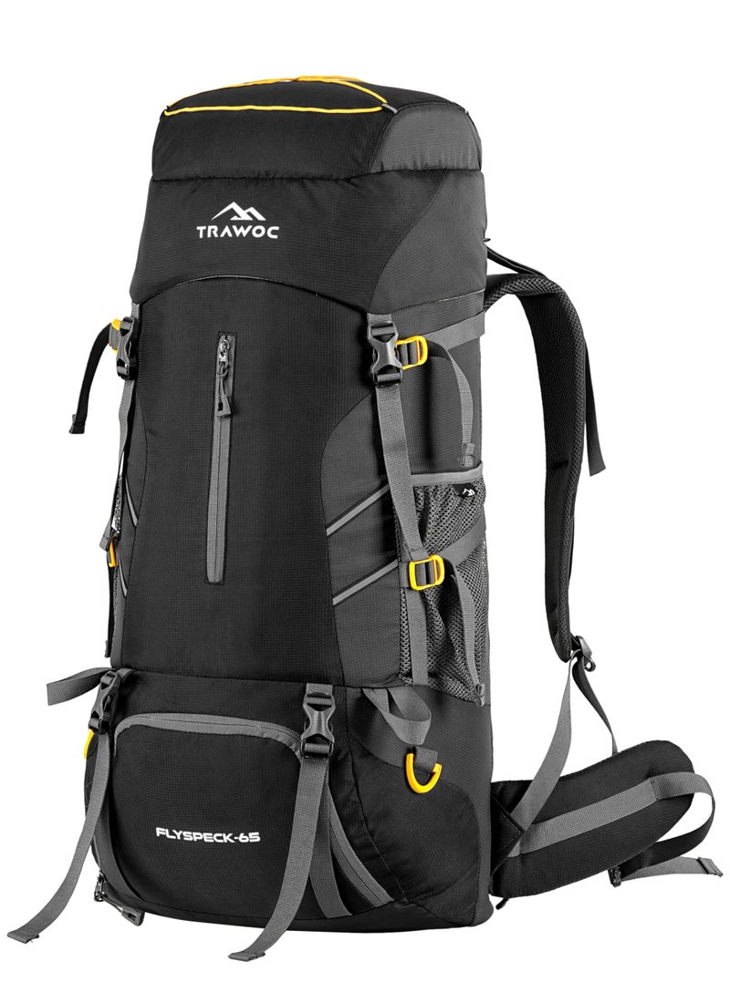 TRAWOC FLYSPECK 65 Liter Hiking Trekking Bag Camping Rucksack Travel Backpack for Men & Women with Shoe Compartment MHK001, 3 Year Warranty, Black - Image 1
