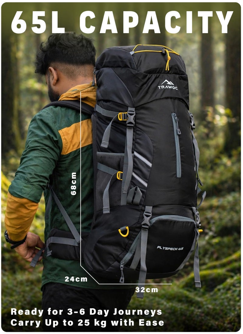 TRAWOC FLYSPECK 65 Liter Hiking Trekking Bag Camping Rucksack Travel Backpack for Men & Women with Shoe Compartment MHK001, 3 Year Warranty, Black - Image 2