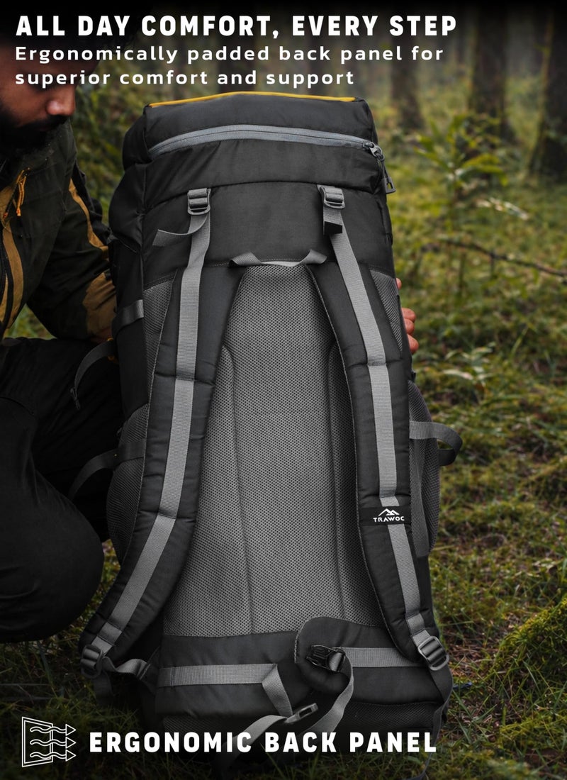 TRAWOC FLYSPECK 65 Liter Hiking Trekking Bag Camping Rucksack Travel Backpack for Men & Women with Shoe Compartment MHK001, 3 Year Warranty, Black - Image 4