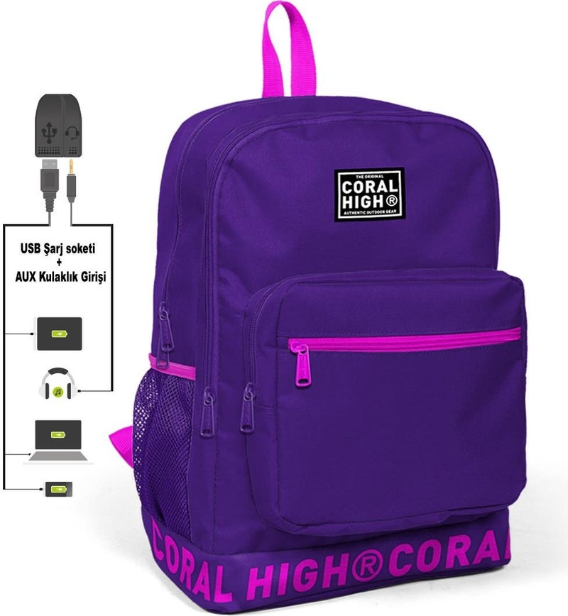 CORAL HIGH Embroidery Logo Purple Backpack with USB Charging Headphone Output 24109 