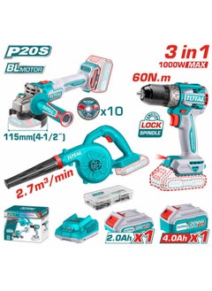 TOTAL Total 20V Cordless 3-Piece Power Tool Combo Kit – Brushless Drill, Angle Grinder & Blower Set for Home, Workshop & Construction – 2 Batteries, Charger & 57 Accessories Included  - Image 1