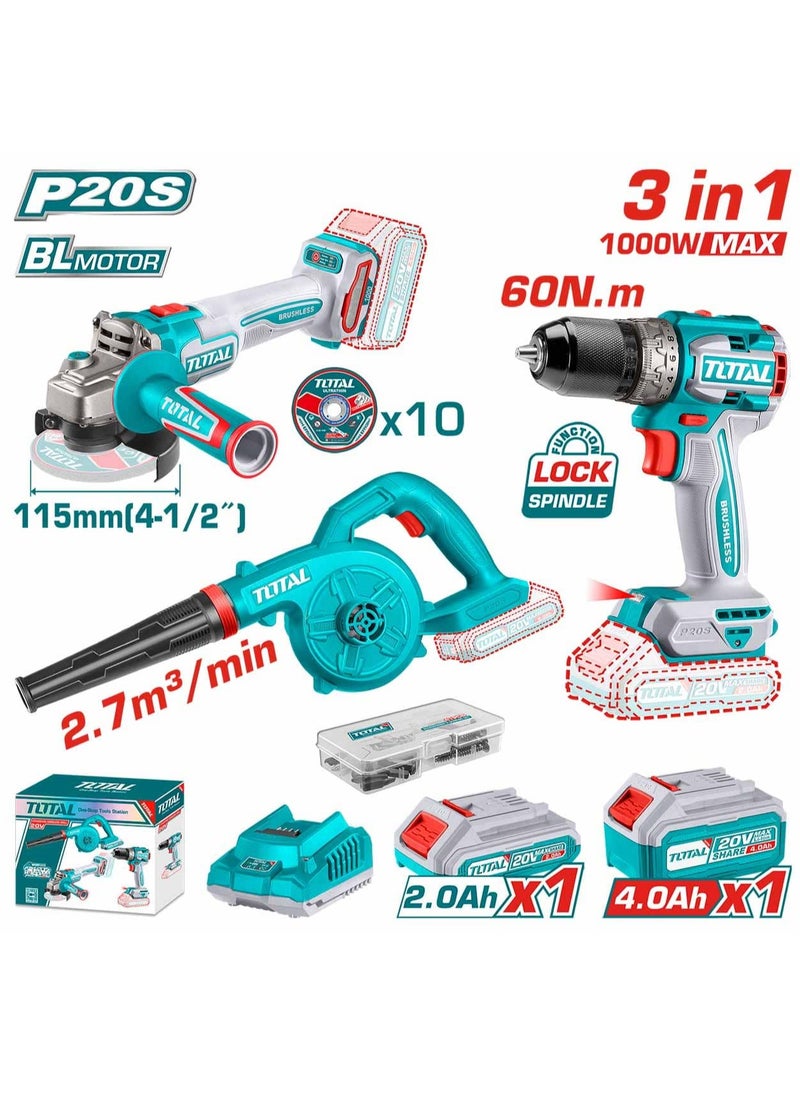 TOTAL Total 20V Cordless 3-Piece Power Tool Combo Kit – Brushless Drill, Angle Grinder & Blower Set for Home, Workshop & Construction – 2 Batteries, Charger & 57 Accessories Included  - Image 1