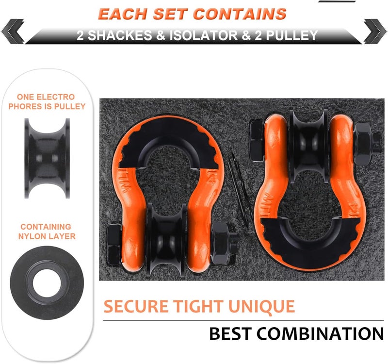 AMBULL Heavy Duty D Ring Shackle Set with Towing Pulley - 22,000lb Break Strength (2 Pack, Orange) - Image 5