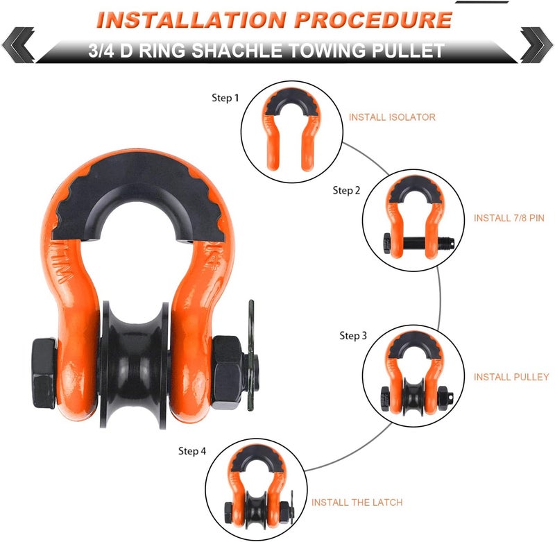 AMBULL Heavy Duty D Ring Shackle Set with Towing Pulley - 22,000lb Break Strength (2 Pack, Orange) - Image 4