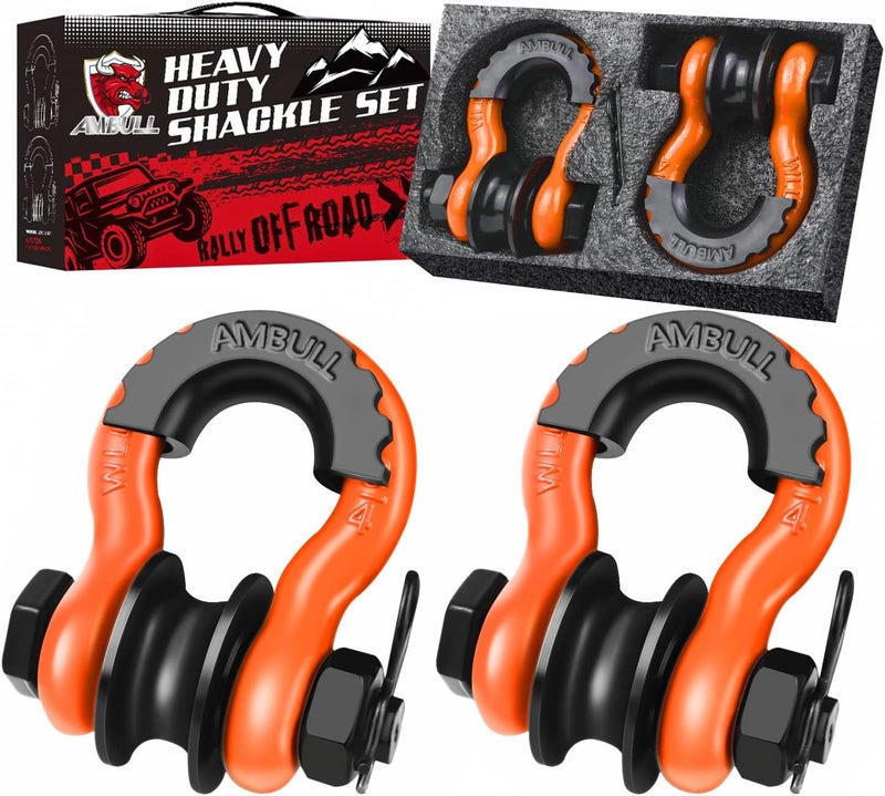 AMBULL Heavy Duty D Ring Shackle Set with Towing Pulley - 22,000lb Break Strength (2 Pack, Orange) - Image 1