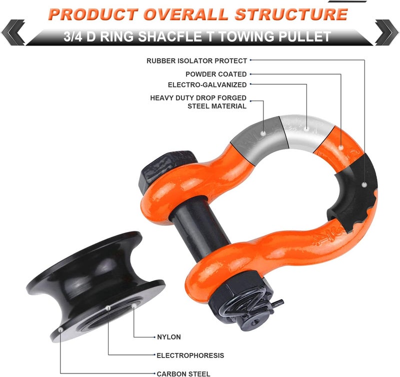 AMBULL Heavy Duty D Ring Shackle Set with Towing Pulley - 22,000lb Break Strength (2 Pack, Orange) - Image 3
