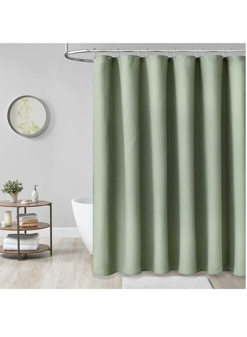 Sage Green Shower Curtain - Waffle Textured Heavy Duty Thick Fabric Shower Curtains for Bathroom, 256GSM Luxury Weighted Polyester Cloth Bath Curtain Set with 12 Plastic Hooks, 72Wx72H - Image 1