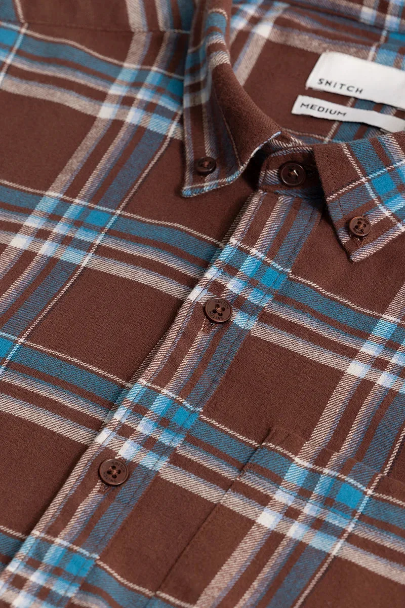 سنيتش Brown Checkered Long Sleeve Slim Fit Casual Shirt