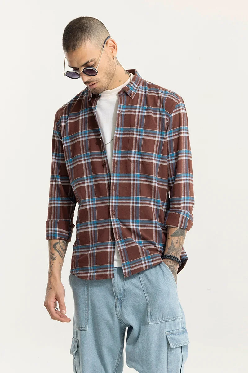 سنيتش Brown Checkered Long Sleeve Slim Fit Casual Shirt