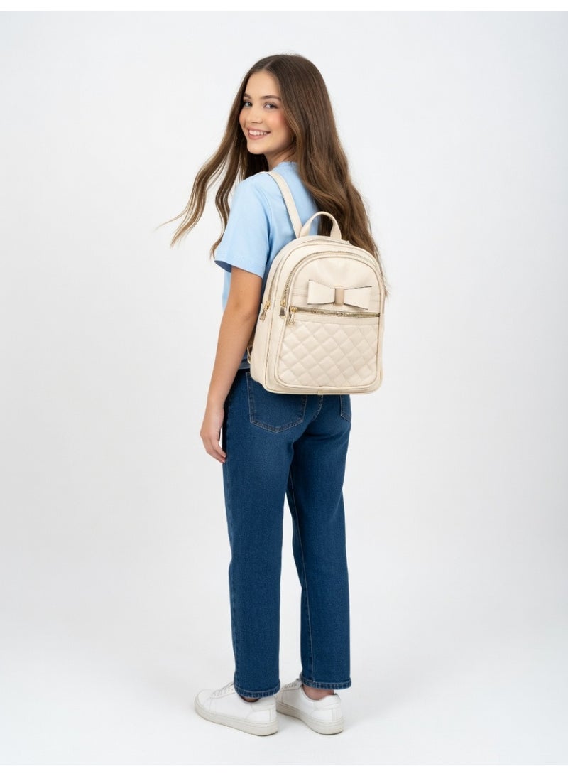 Elegant Quilted Bow Backpack – Premium Fashion Mini Backpack for Women-Beige - Image 4