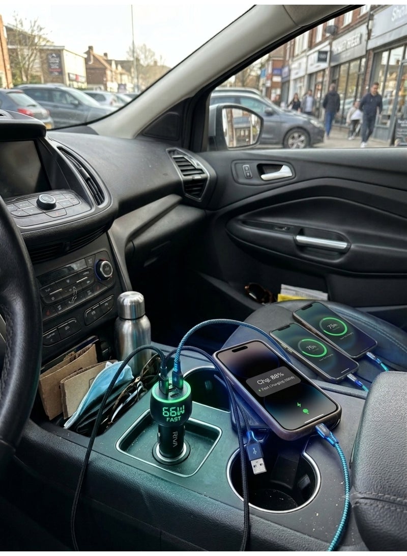 شاحن سيارة سريع بقوة 66 واط و 3 منافذ، محول شاحن سيارة من سبائك الألمنيوم من نوع شاحن سيارة USB-C و USB-A، شاحن هاتف للسيارة سريع بتقنيات PD و QC3.0 لهواتف آيفون وسامسونج والأجهزة اللوحية والحواسيب المحمولة، متوافق مع مركبات 12V-24V، اللون أسود - Image 3