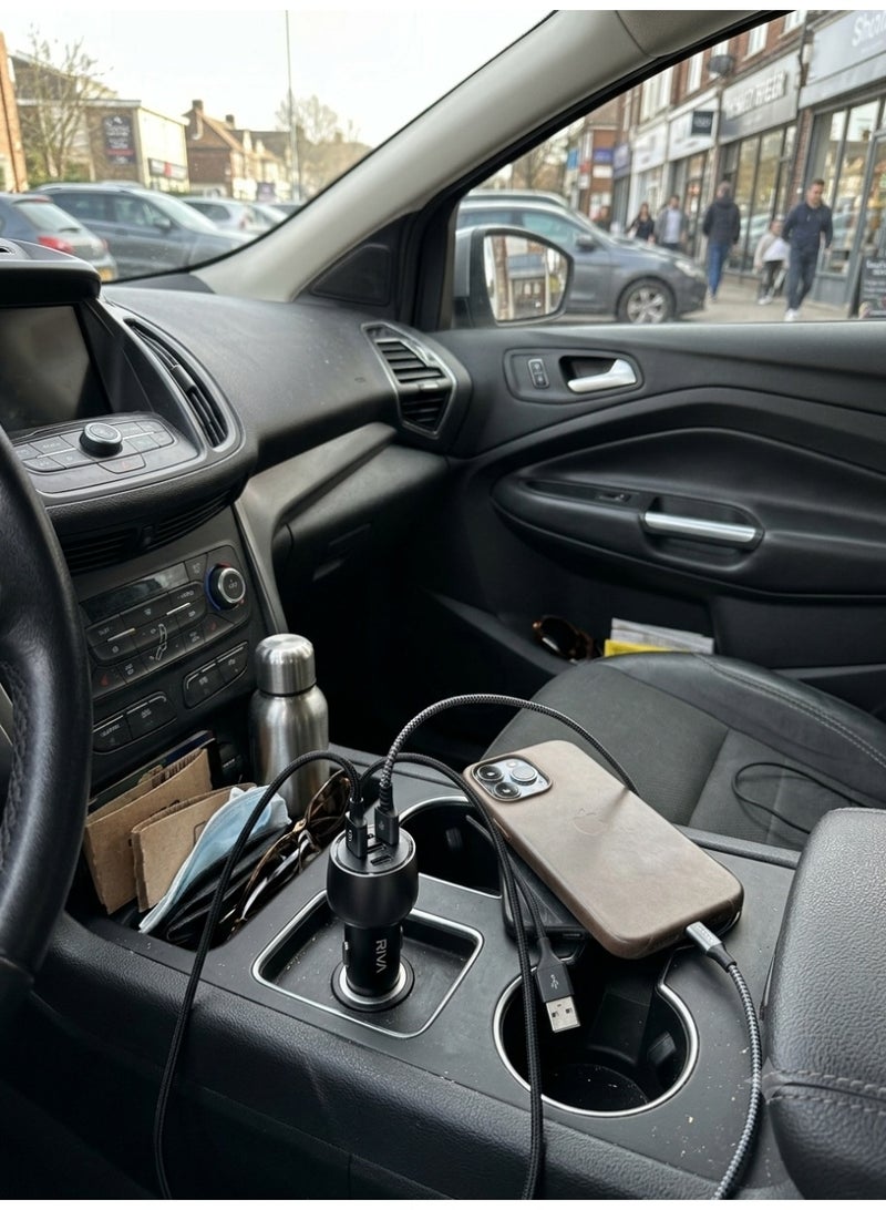 شاحن سيارة سريع بقوة 66 واط و 3 منافذ، محول شاحن سيارة من سبائك الألمنيوم من نوع شاحن سيارة USB-C و USB-A، شاحن هاتف للسيارة سريع بتقنيات PD و QC3.0 لهواتف آيفون وسامسونج والأجهزة اللوحية والحواسيب المحمولة، متوافق مع مركبات 12V-24V، اللون أسود - Image 4