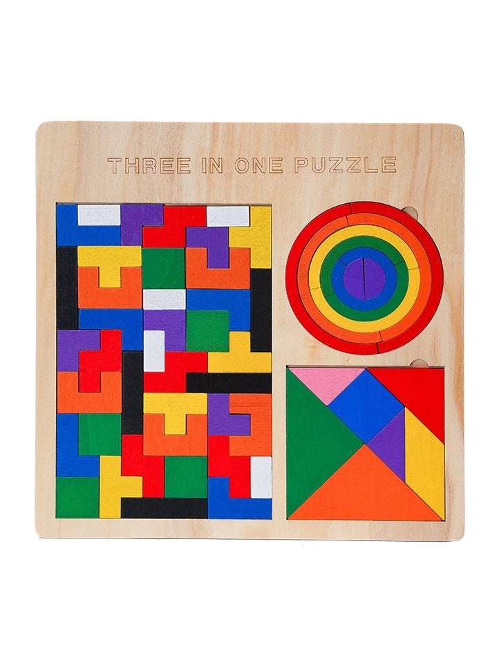 Wooden Building Blocks Puzzle, Educational Toys Logic Game, Tetris Tangram Puzzle Circle Puzzle, Montessori STEM Educational Toy, Gift for Kids and Adults (3 in 1) - Image 1